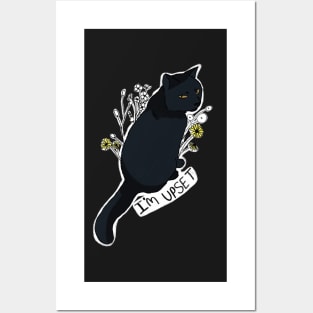 Funny black cat with flowers is upset Posters and Art
